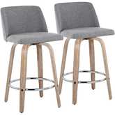 Toriano 26" Swivel Counter Stool in White Washed Wood & Grey Fabric with Chrome Footrest (Set of 2)